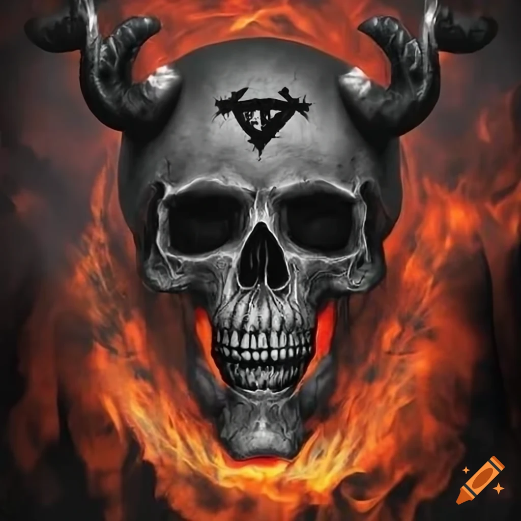 black metal skull with pentagram and flames