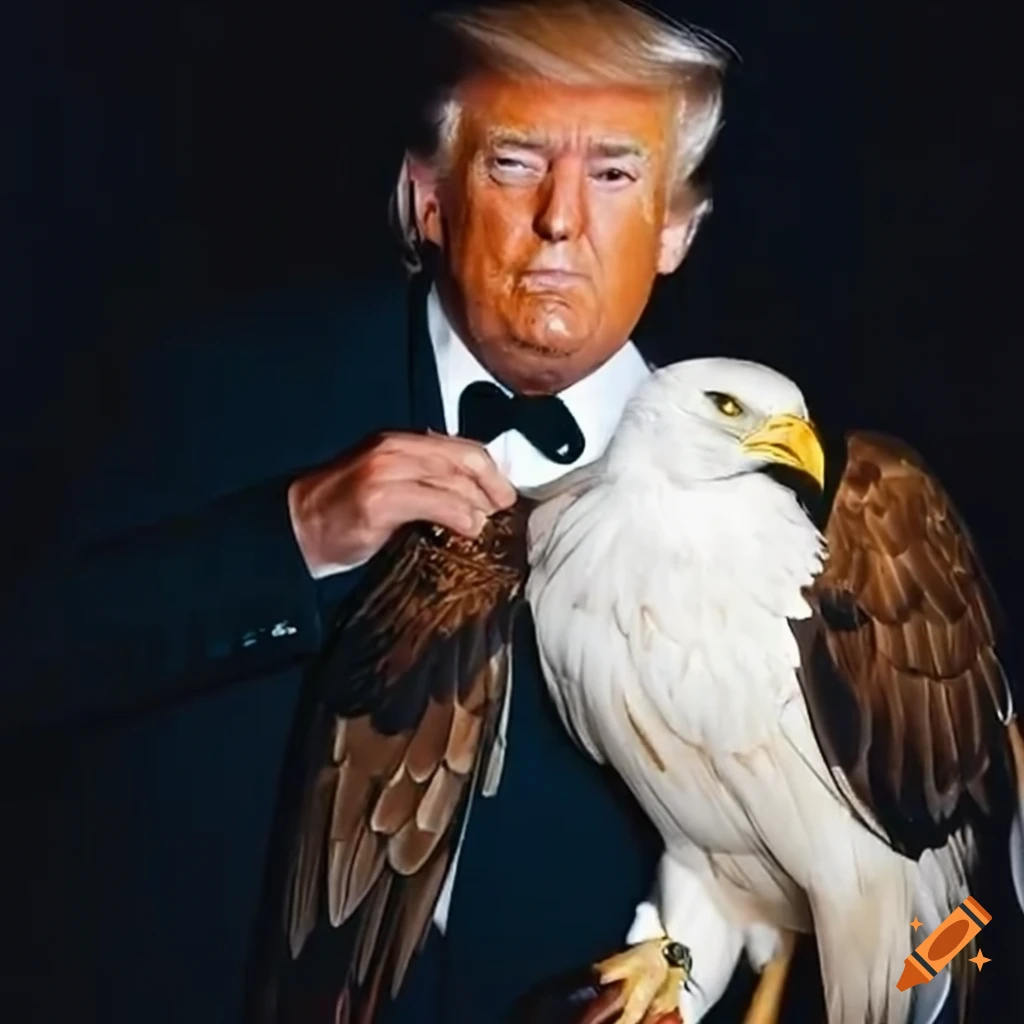 Satirical image of donald trump with an eagle on his shoulder on Craiyon