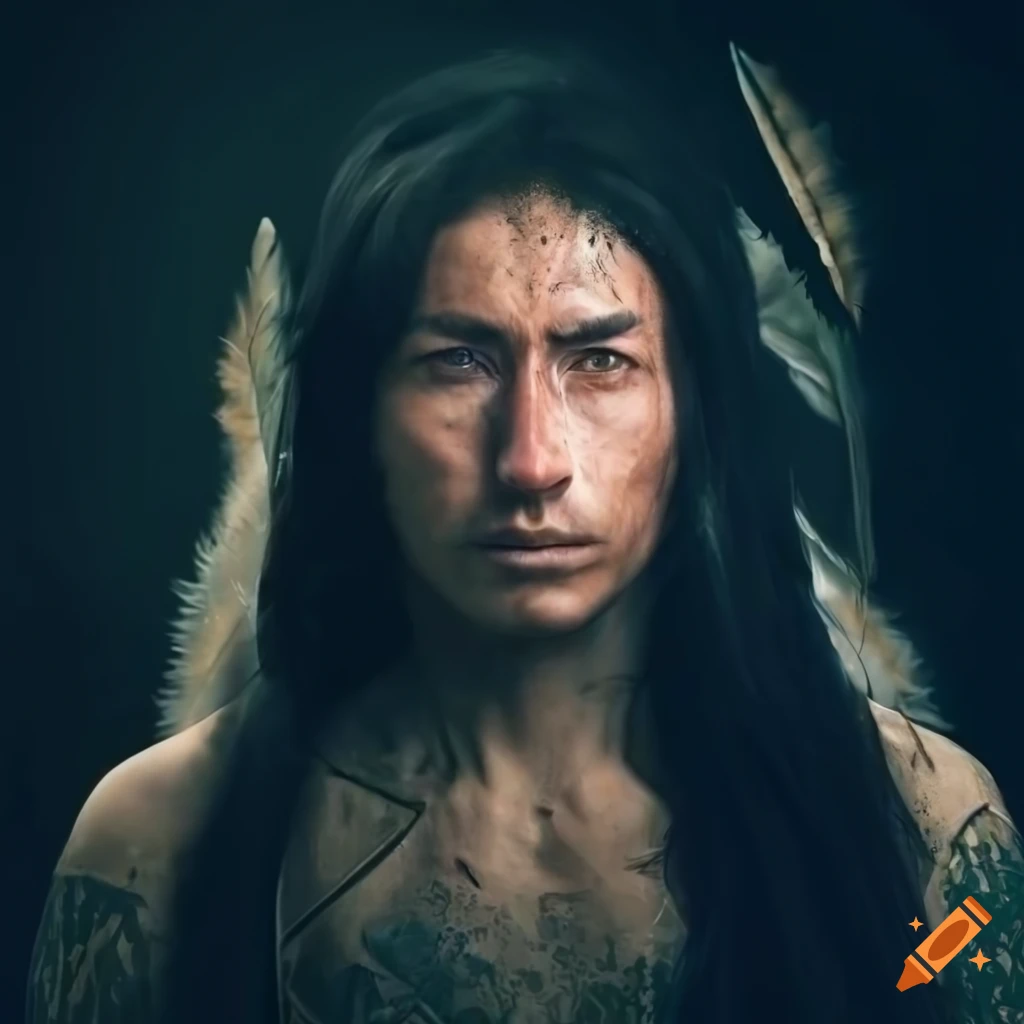 Portrait of a shamanic indian with feathers on Craiyon
