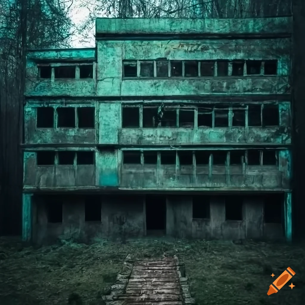 dilapidated brutalist building in the forest