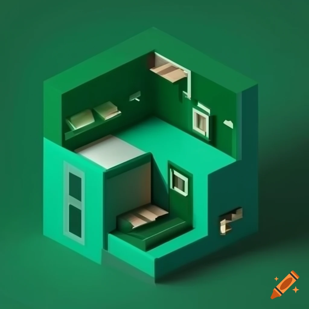 isometric cozy cube room with bed and stairs
