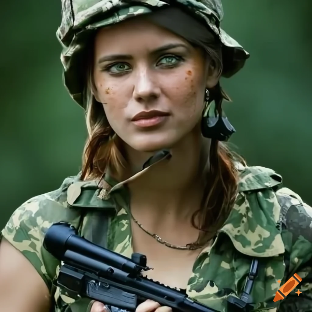 photorealistic artwork of a woman with rifle in a jungle