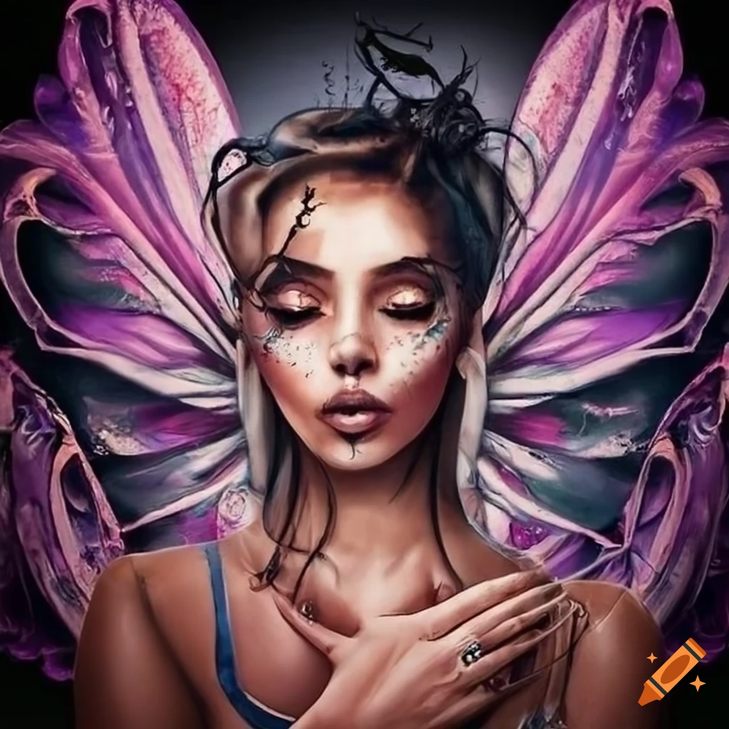 Chicano art with fairy wings forming a heart on Craiyon