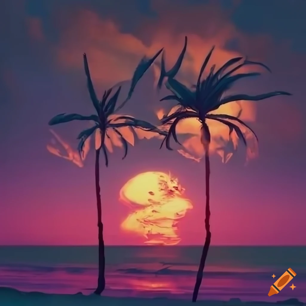 retrowave sunset at the beach
