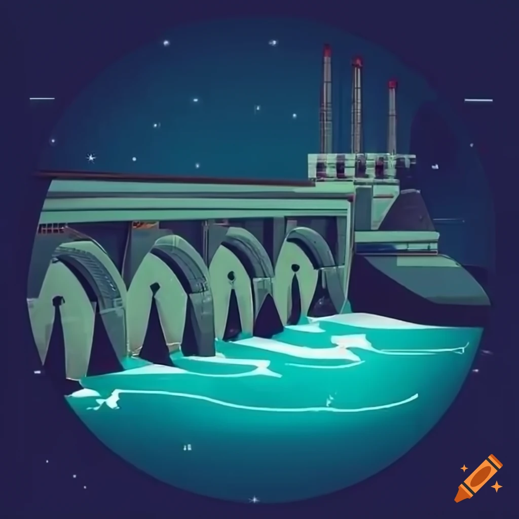 retro-futuristic hydroelectric power plant