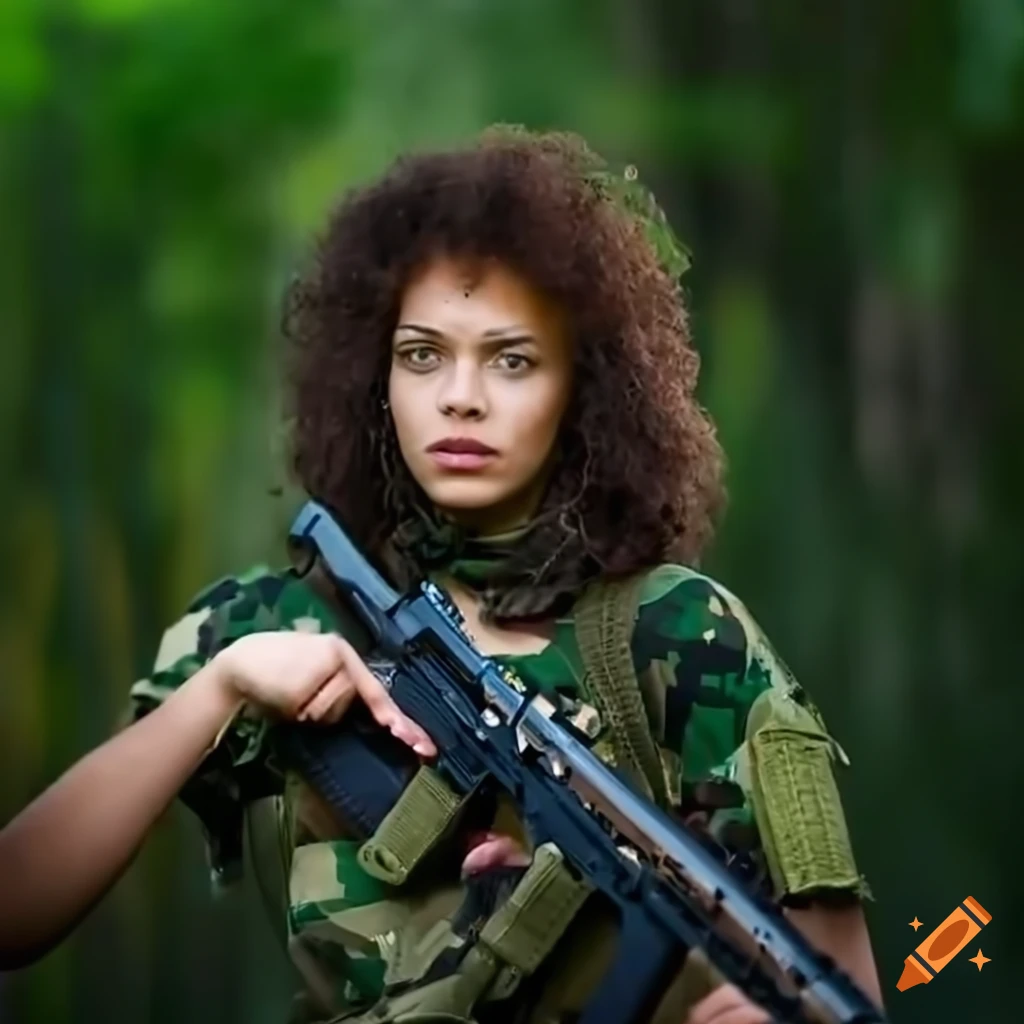 photorealistic artwork of a woman with rifle in a jungle