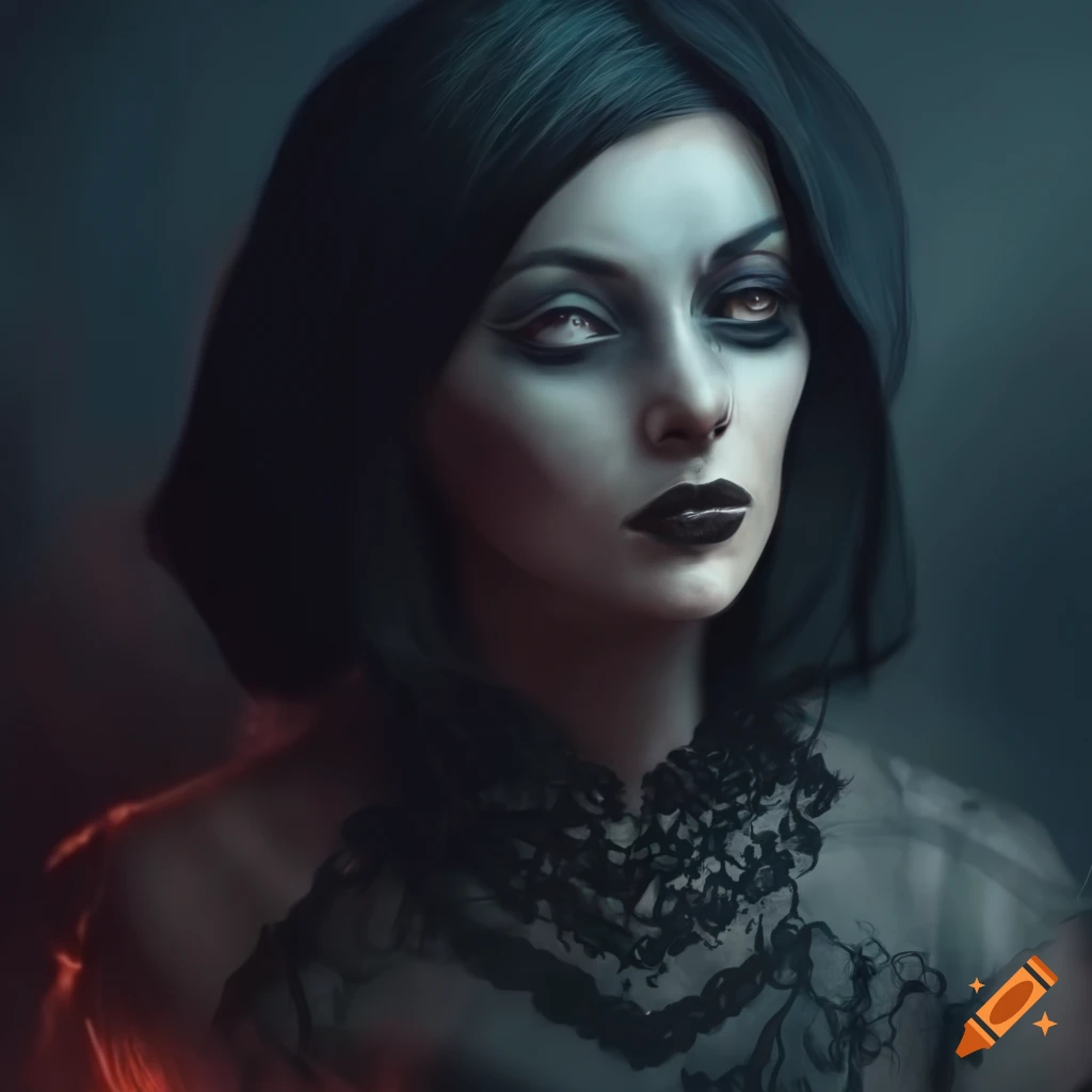 portrait of a woman with dark hair in a fantasy setting