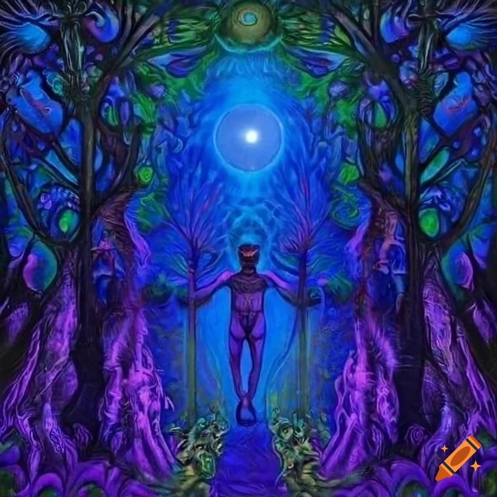 sacred path with three people walking in a forest