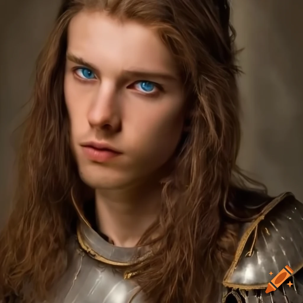Image of a man in light armor with blue eyes and long brown hair on Craiyon