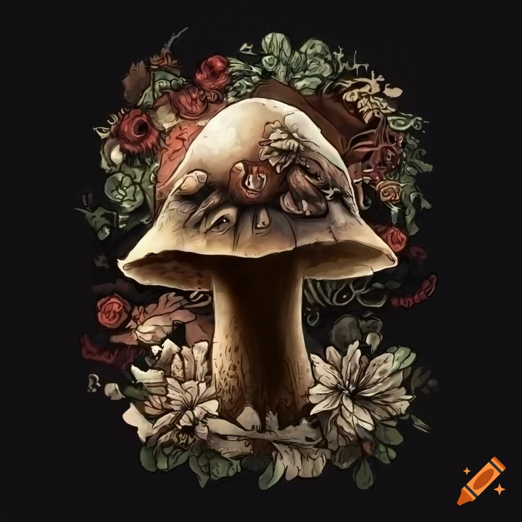 Illustration of a gothic wolf surrounded by steampunk flowers and