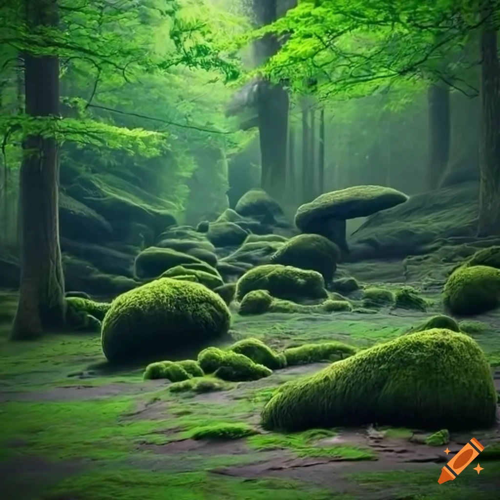 bright magical forest with intertwined trees and moss-covered rocks