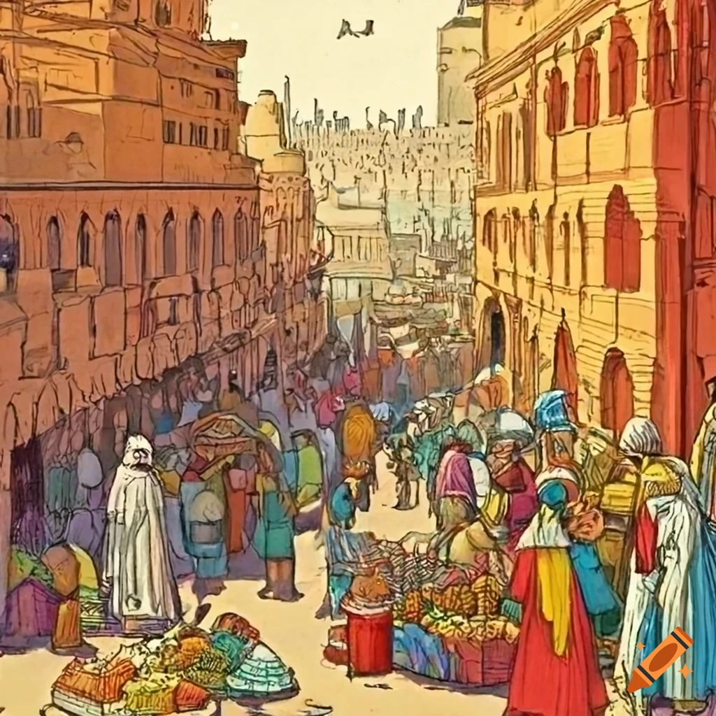 Moebius-style crowded outdoor arabic market