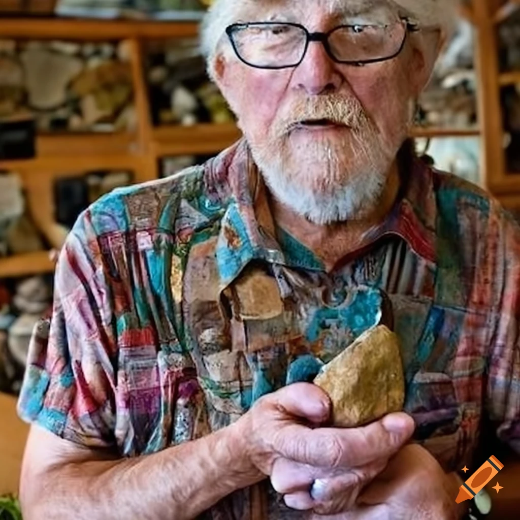 Image of an arkansas rock collector with his collection on Craiyon