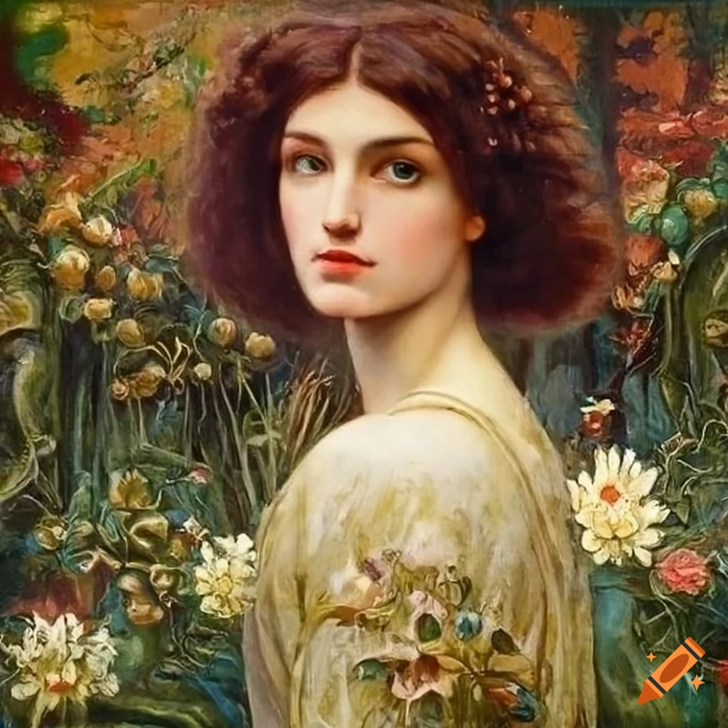 Pre raphaelite painting of a woman in a garden on craiyon