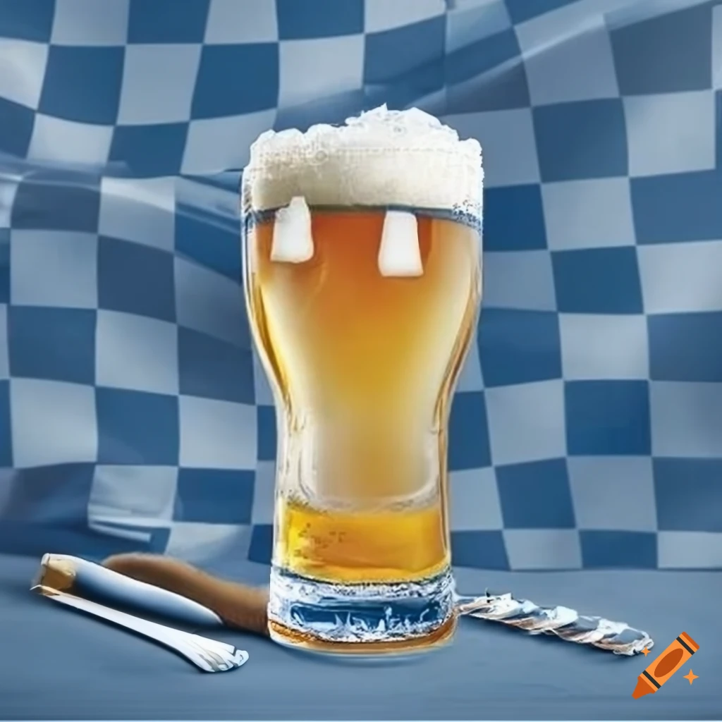 fond damier bleu et blanc avec une choppe de bière