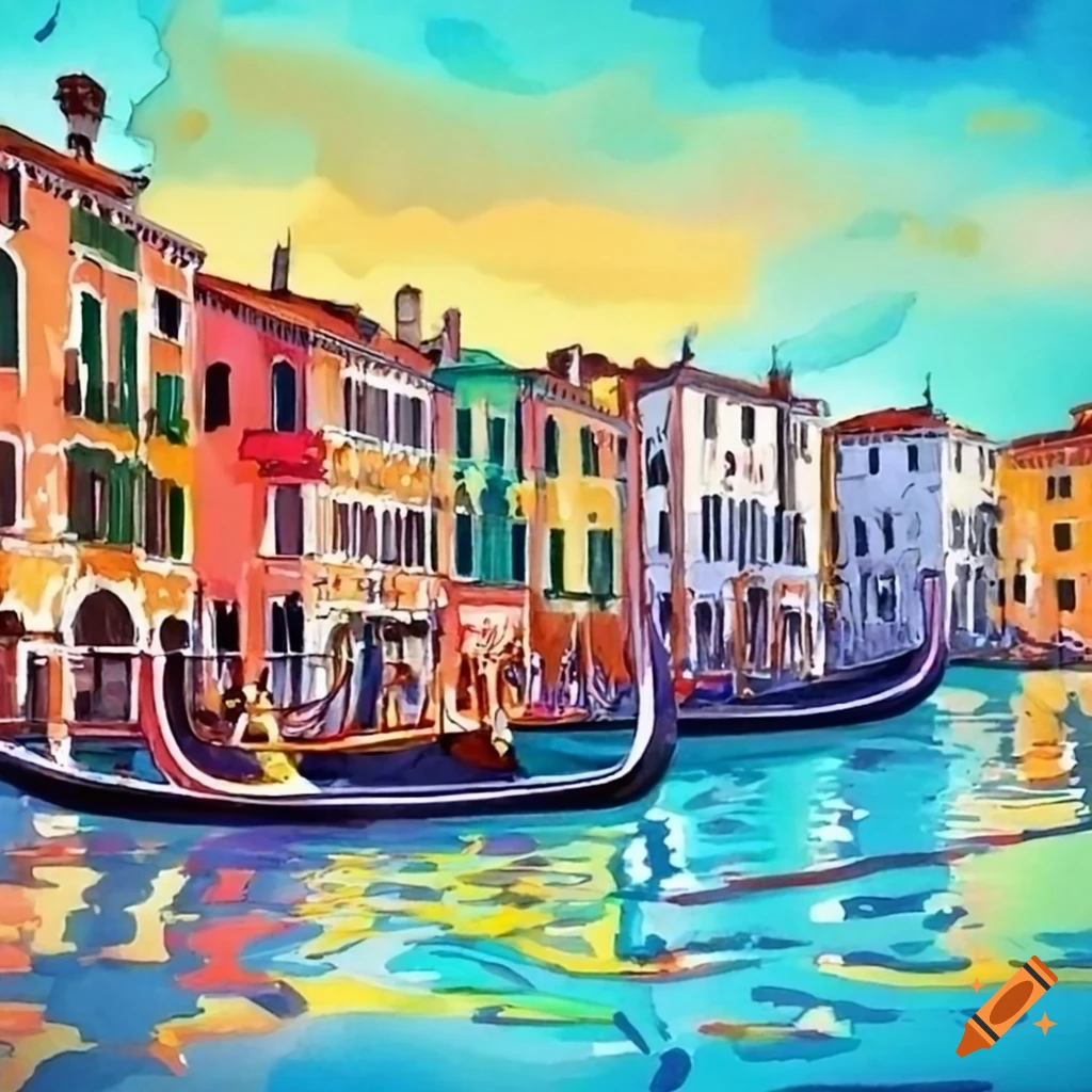 watercolor and ink painting of a gondola in Venice