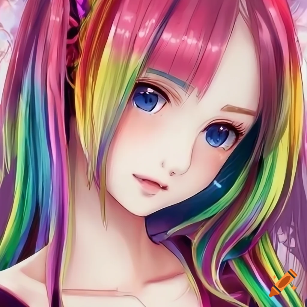 Detailed portrait of a girl with rainbow hair on Craiyon