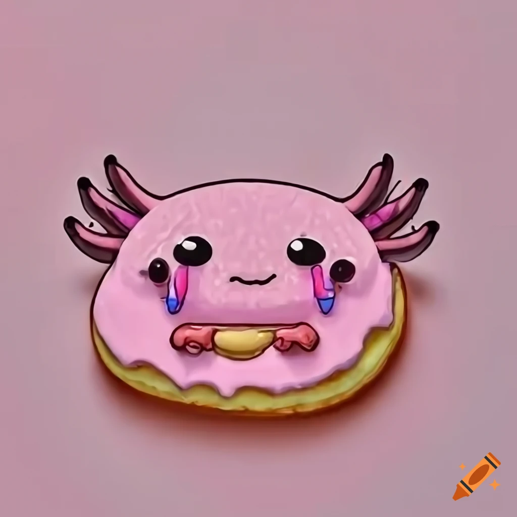 cute LINE Sticker of a crying axolotl transforming into a pink icing donut