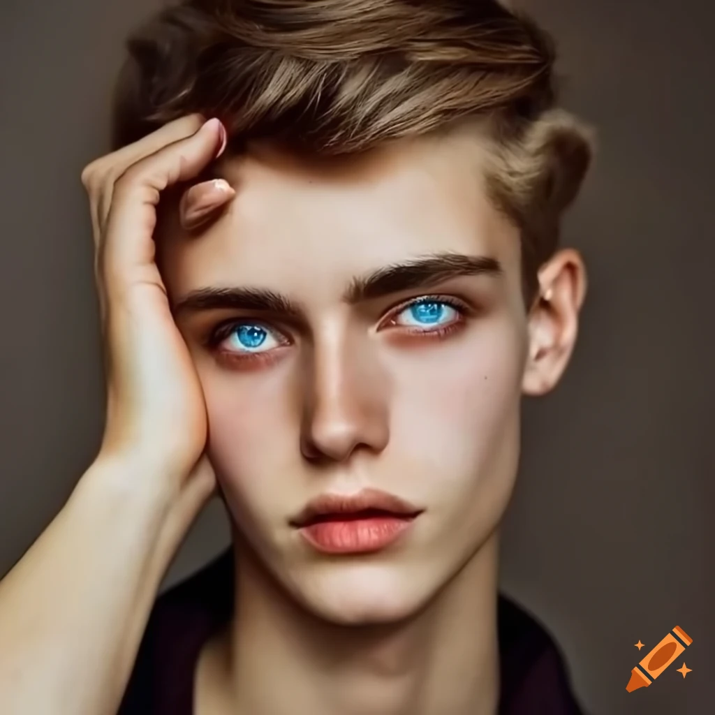Portrait of a young adult male with blue eyes and dark brown hair on