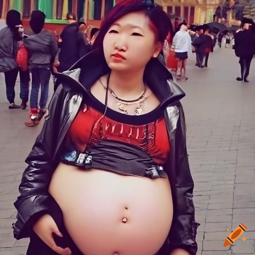 portrait of a heavily pregnant Chinese punk girl at a theme park