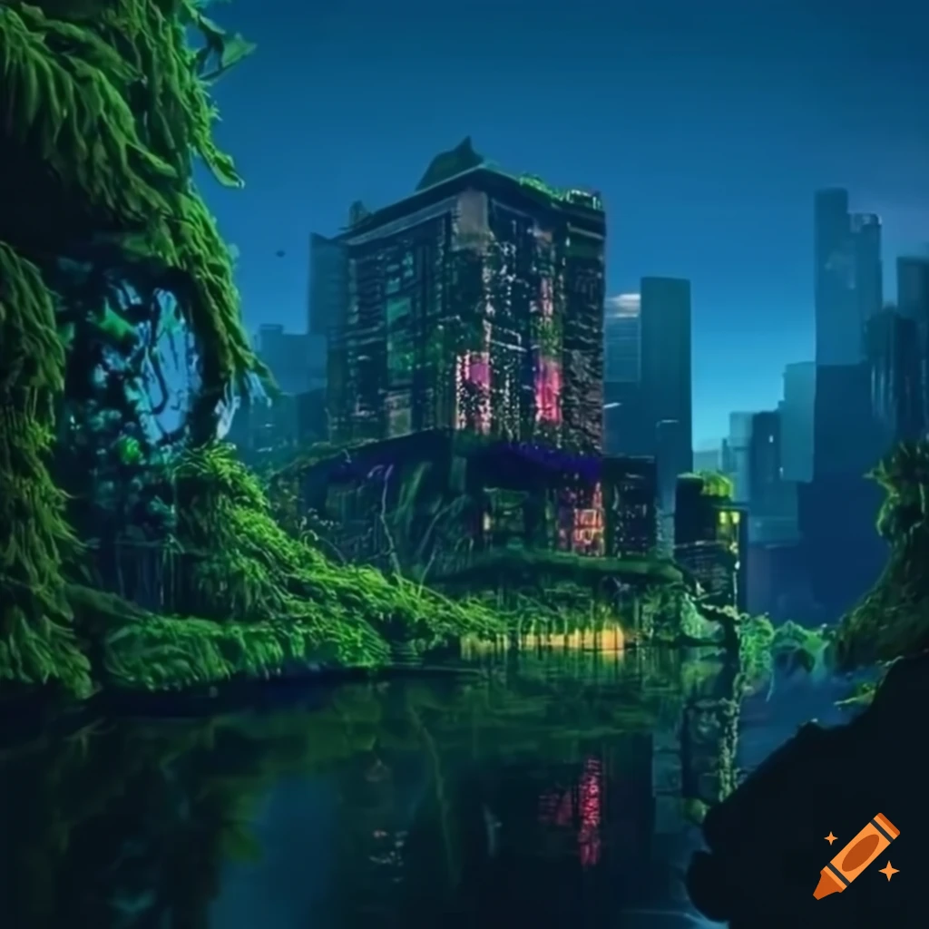 synthwave city consumed by nature
