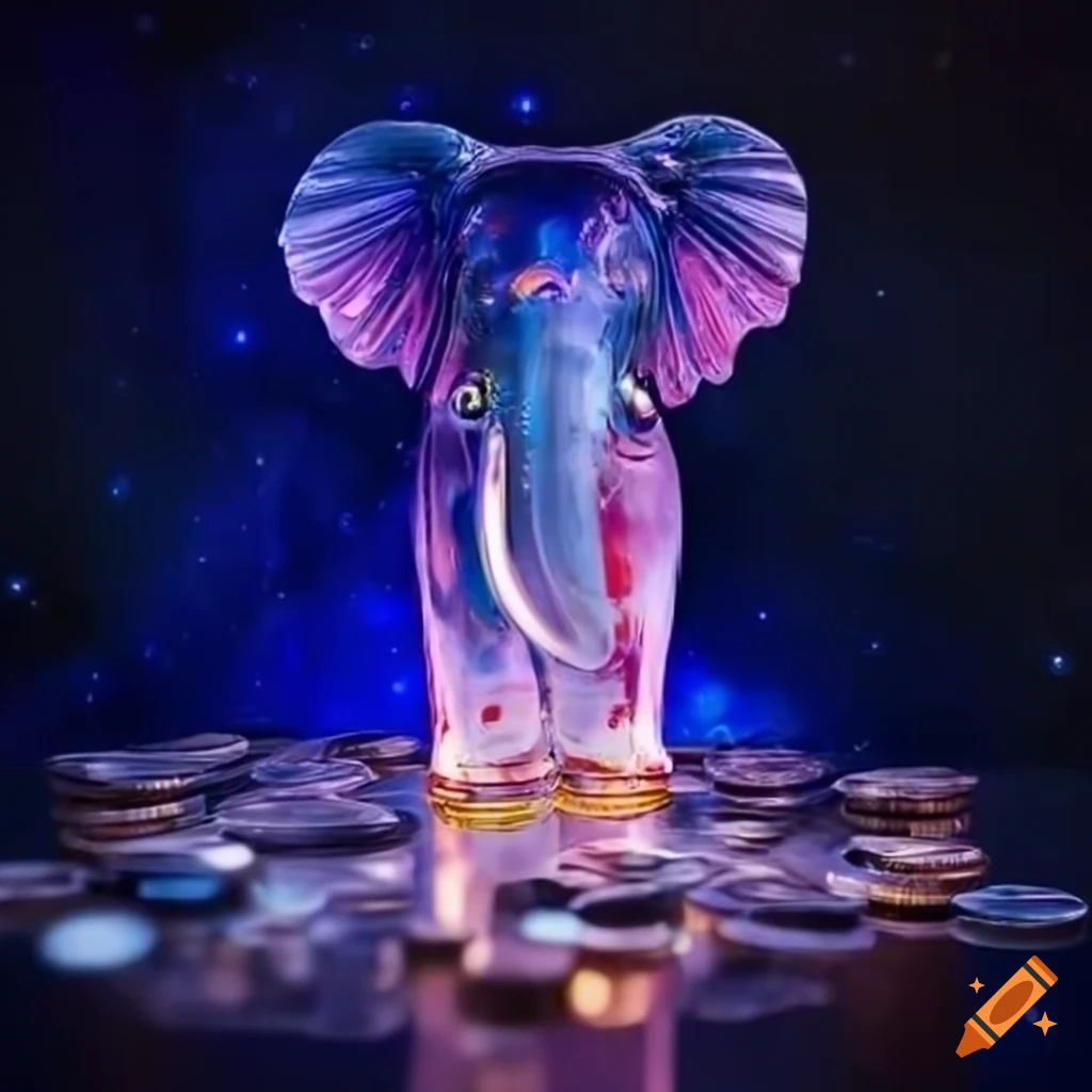glass elephant sculpture with cosmic backdrop