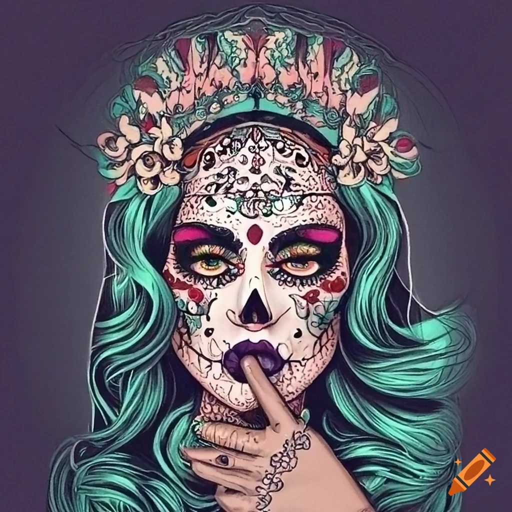 Chicano art featuring a seductive sugar skull makeup