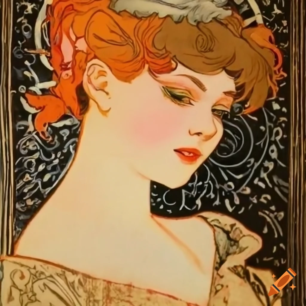 linocut artwork of a French girl inspired by Toulouse-Lautrec and Mucha