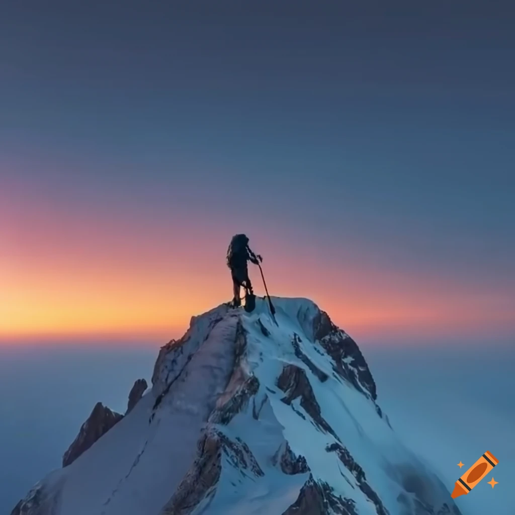 mountain climber conquering the summit at sunrise