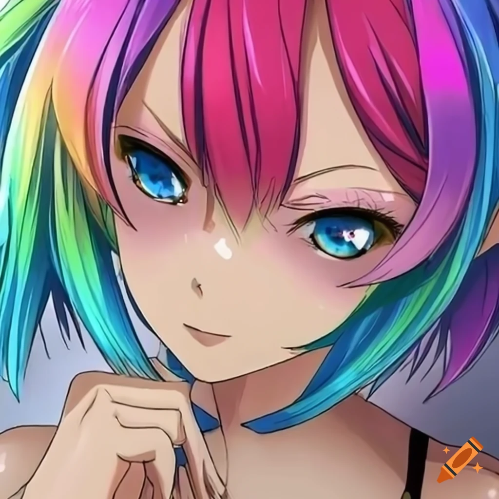 anime character with rainbow hair and captivating eyes