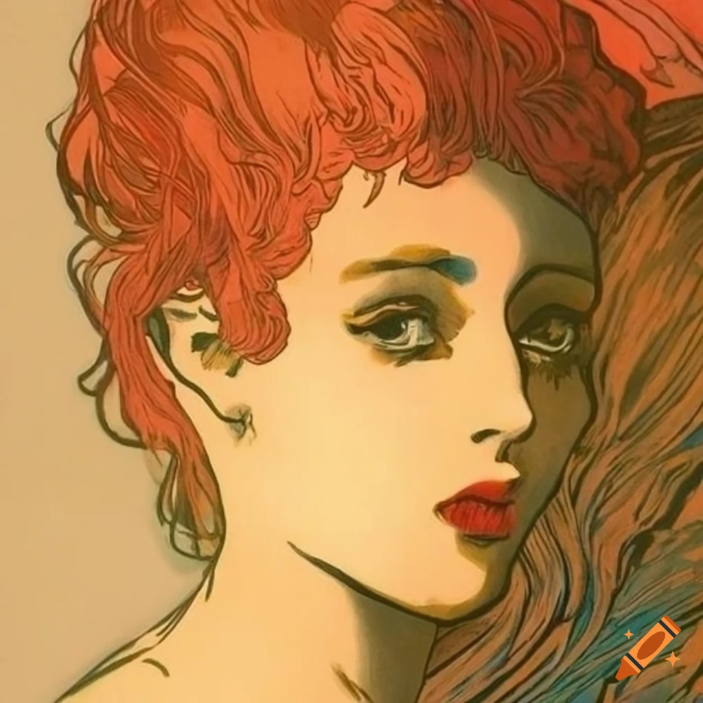 linocut artwork of a French girl inspired by Toulouse-Lautrec and Mucha