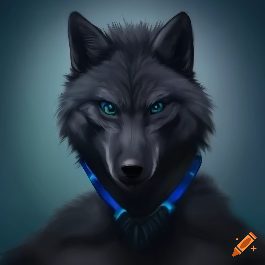 digital art of a muscular black wolf wearing blue harness and boxers