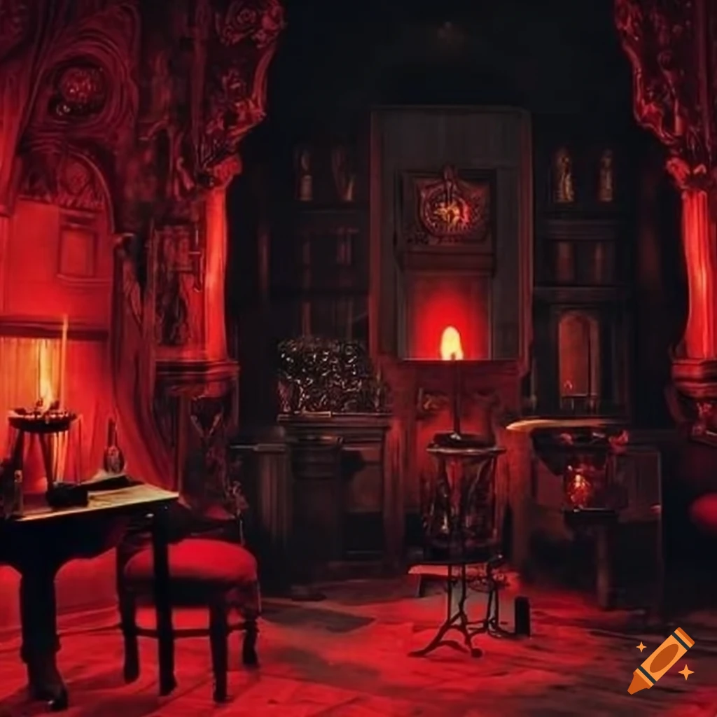 red-themed gothic study with black candles