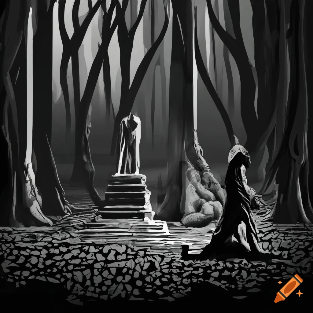 surreal image of a dark forest with a ruined statue