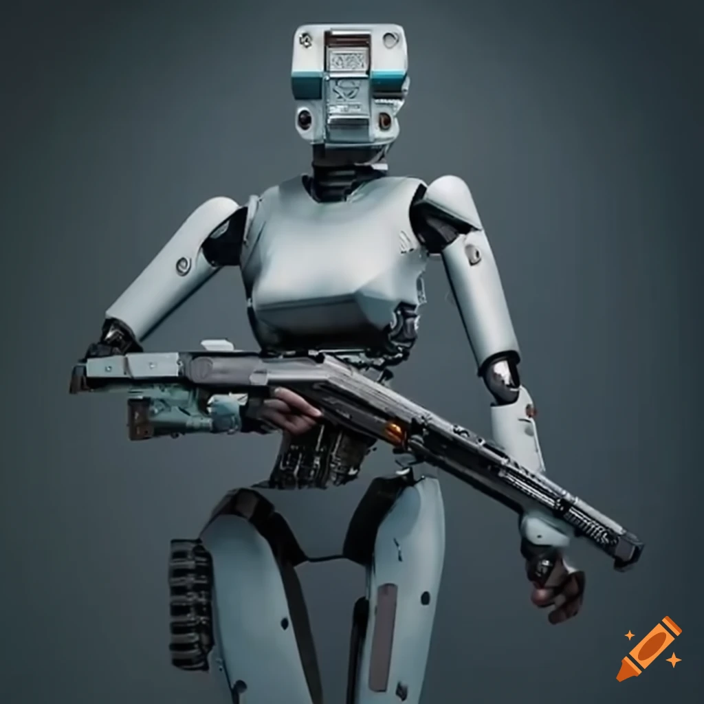Grey combat robot with a shotgun on Craiyon