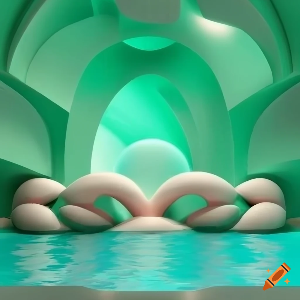 3D rendering of a surreal spa interior with pools and waterfalls on Craiyon