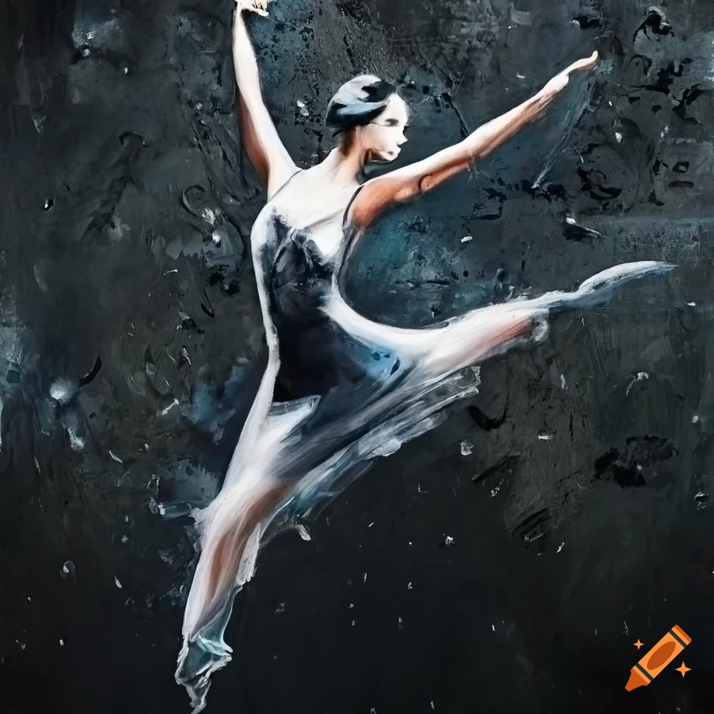 ink painting of a silver ballerina on black background
