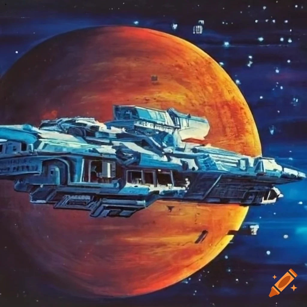 70s sci-fi starfield spaceship art by Chris Foss