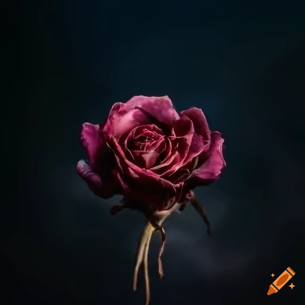black and white image of a dying rose with moon in the background