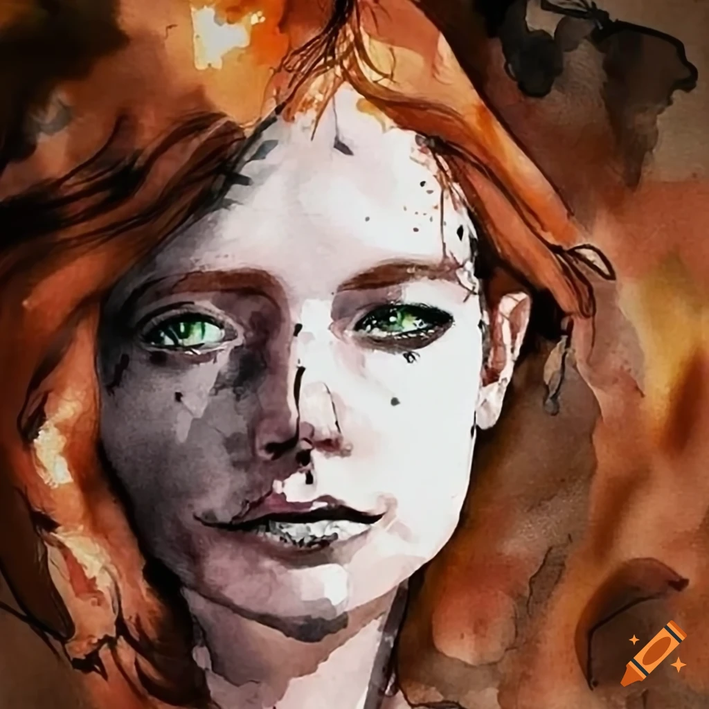 Woman with auburn hair and green eyes by the lake on Craiyon