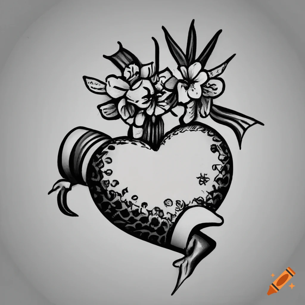 traditional black and white heart tattoo with a banner