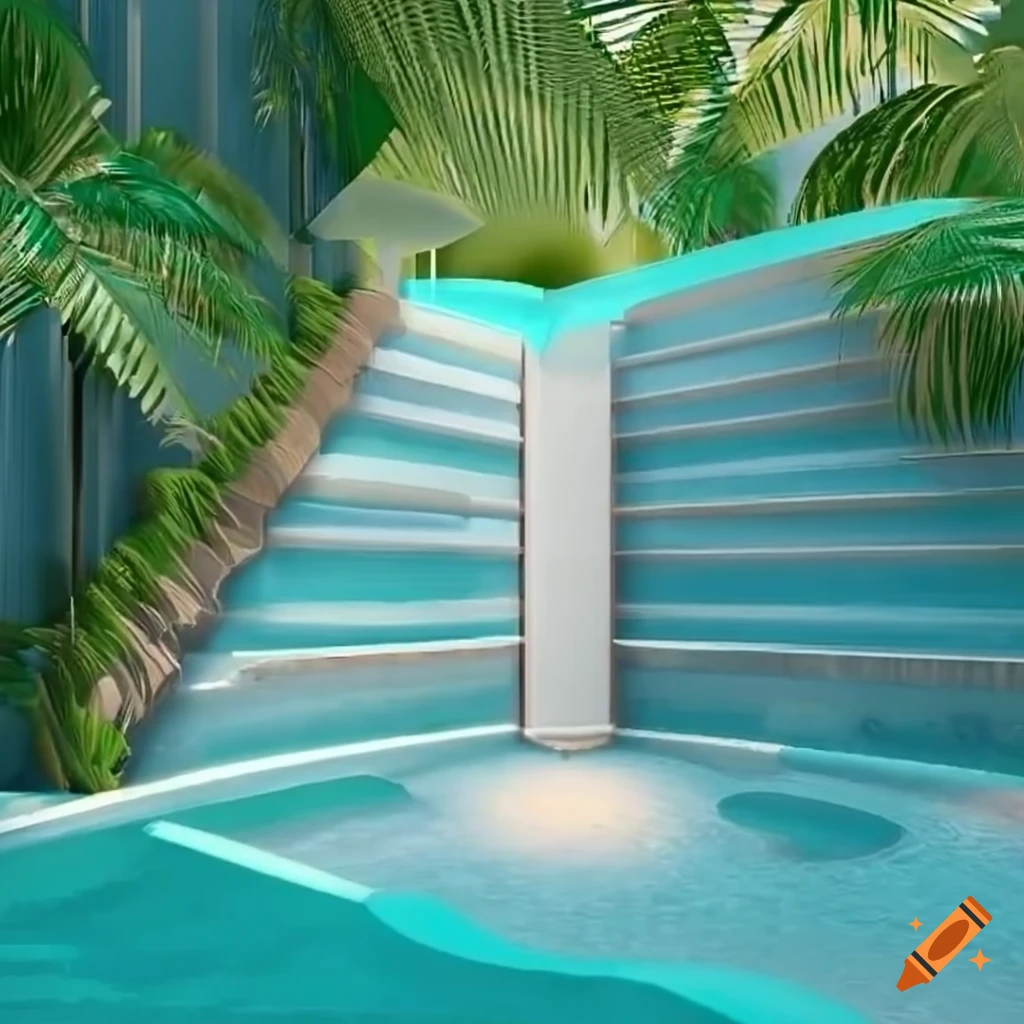 3D rendered surreal architecture of spa interior with pools and ...