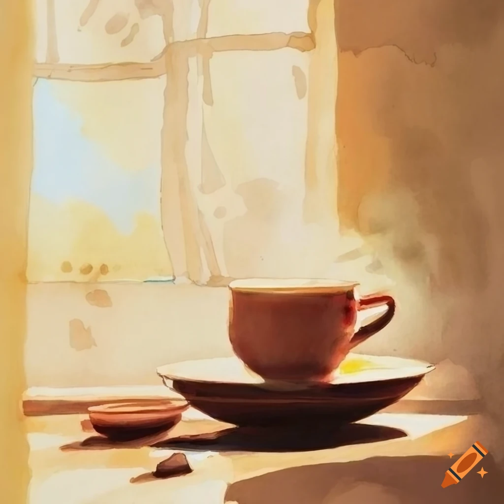 ink and watercolor artwork of two people having coffee by a window