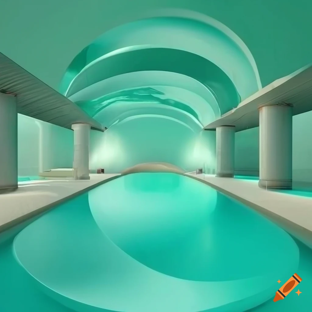 3D rendering of a surreal spa interior with pools and waterfalls on Craiyon