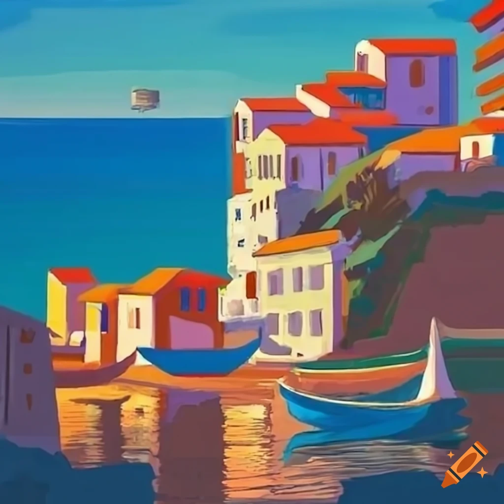 painting of a picturesque Mediterranean town