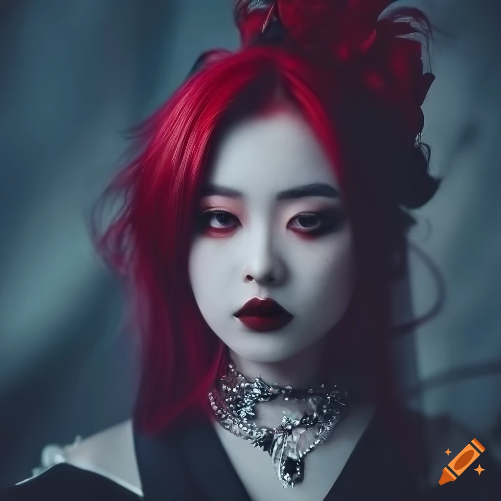 detailed artwork of a beautiful Japanese lady with dark red hair