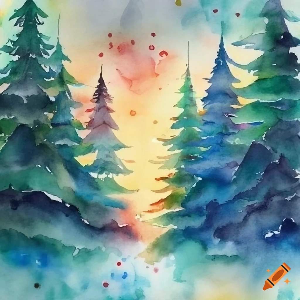 Watercolor painting of a forest of christmas trees on Craiyon