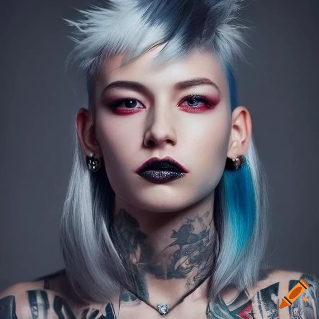 photo of a confident young woman with white hair and punk fashion in a brutalist environment