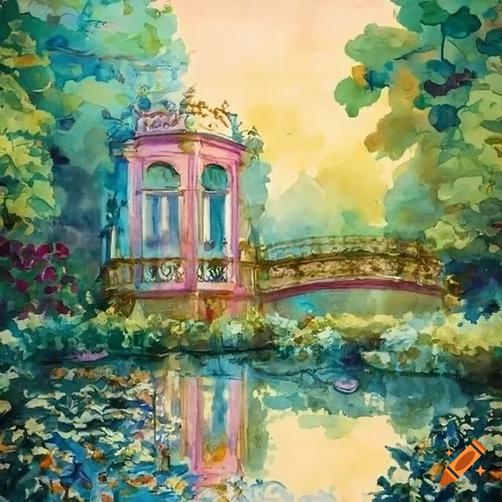 watercolor painting of a Victorian garden with a golden rococo balcony