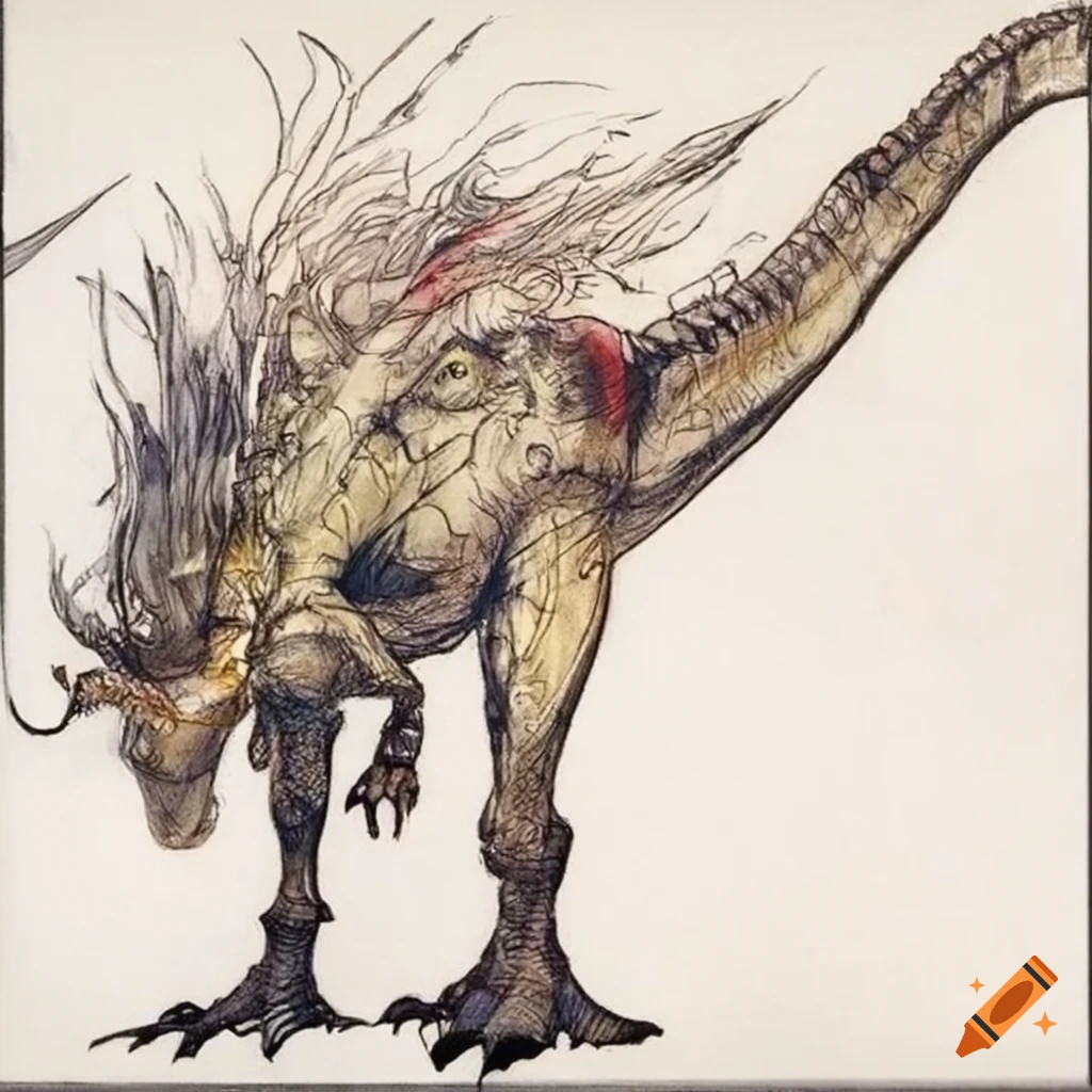 dinosaur concept art in Final Fantasy style by Yoshitaka Amano